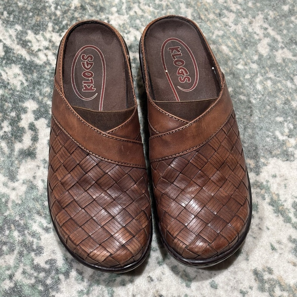 KLOGS Woven Basket Weave Mules Brown Leather Soft Inside Comfort Shoes 8M